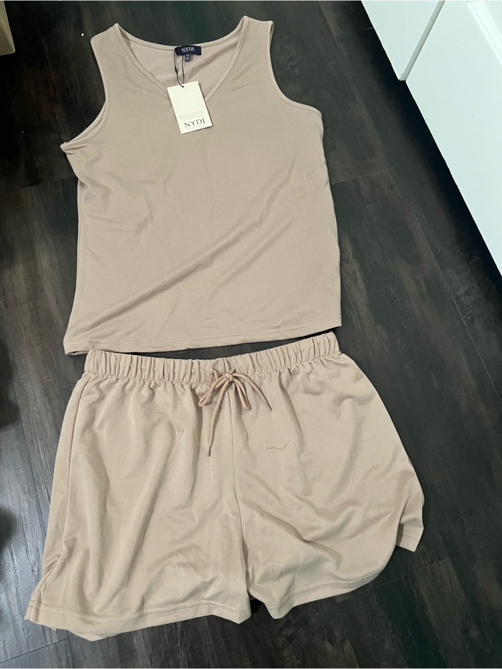 Beige Two-Piece Knit Tank & Shorts Set